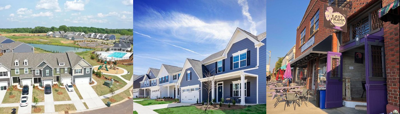 Real photos of Mint Hill, NC — aerial neighborhood view, new homes, and local community